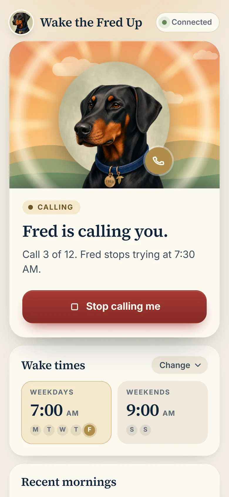 The Wake the Fred Up app while Fred is calling: call 3 of 12, Fred stops trying at 7:30 AM, with a button to stop calling.